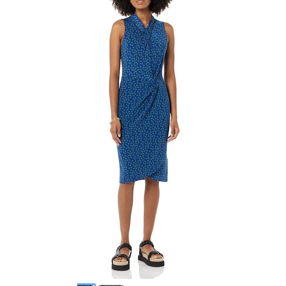 Amazon Essentials Sleeveless Crossover Twist Neck Faux Wrap Dress Blue Floral L
